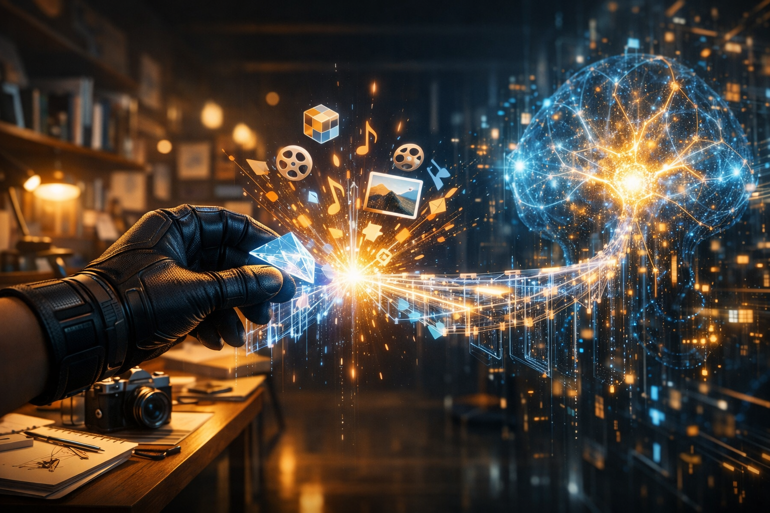 Mão humana com luva tecnológica encaixa uma peça geométrica luminosa em uma ponte feita de luz e dados, ligando um escritório criativo e analógico a um grande núcleo de inteligência artificial em forma de cérebro holográfico azul e dourado. No ponto de conexão, uma explosão organizada de ícones criativos surge, transmitindo a ideia de precisão, construção e conexão entre humano e tecnologia, em estética sci-fi realista e cinematográfica, sem qualquer texto visível.