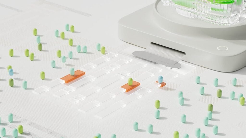 Ilustração abstrata em tons de azul e verde exibindo pílulas/personagens de cores diferentes (verde e azul), posicionados lado a lado em uma representação de equipe colaborativa.