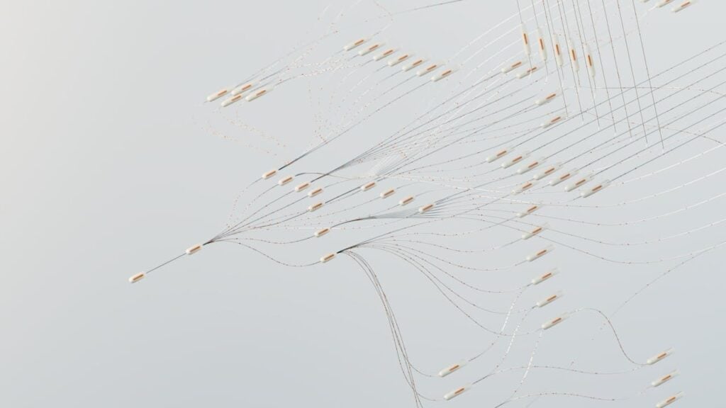 Rede complexa de fios brancos conectando pequenas cápsulas laranjas, criando um mapa de fluxo.