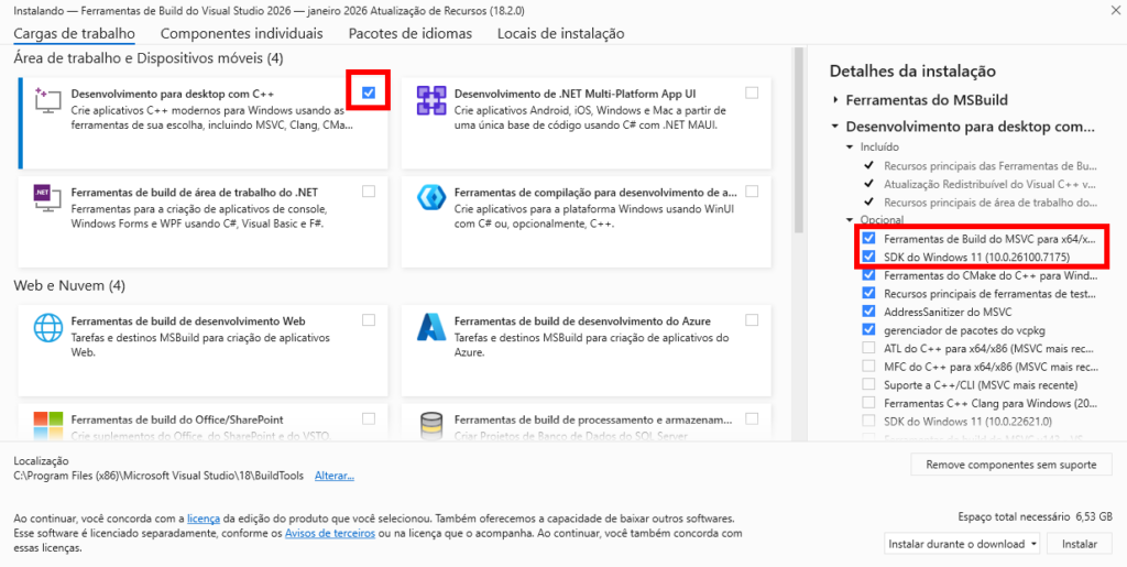 Janela de instalação do Visual Studio 2026 mostrando os componentes para desenvolvimento desktop em C++, com o SDK para Windows 11 selecionado.