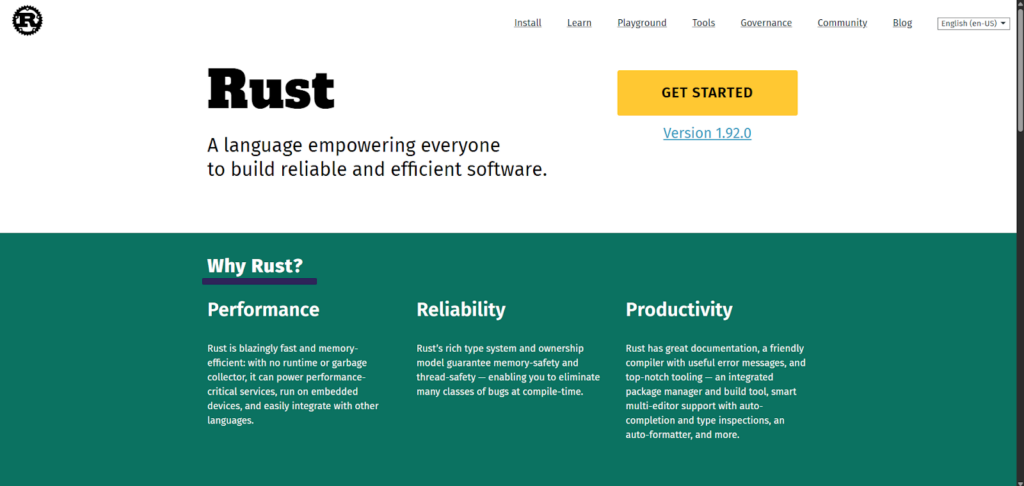 Página da linguagem de programação Rust destacando seu desempenho, confiabilidade e recursos de produtividade. Botão "Começar" visível.