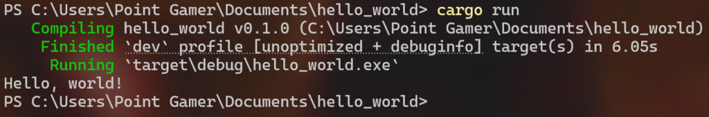 Terminal PowerShell no Windows compilando e executando programa Rust com Cargo; saída "Hello, world!" confirma ambiente de desenvolvimento Rust funcional.