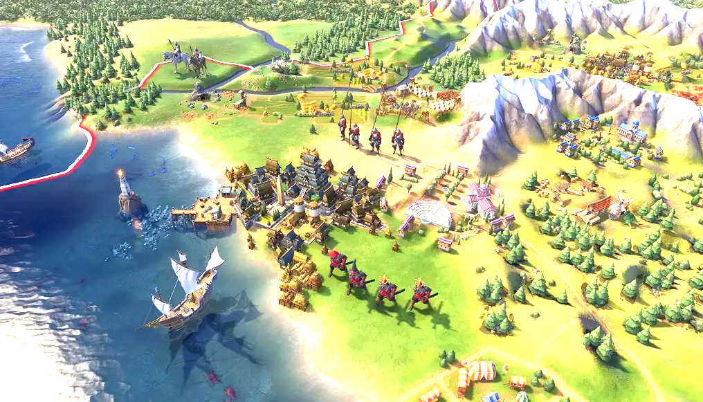 Visão aérea isométrica de um mapa hexagonal no jogo Civilization VI. A imagem mostra uma civilização em desenvolvimento com cidades costeiras, frotas navais, unidades militares e cadeias de montanhas ao fundo.