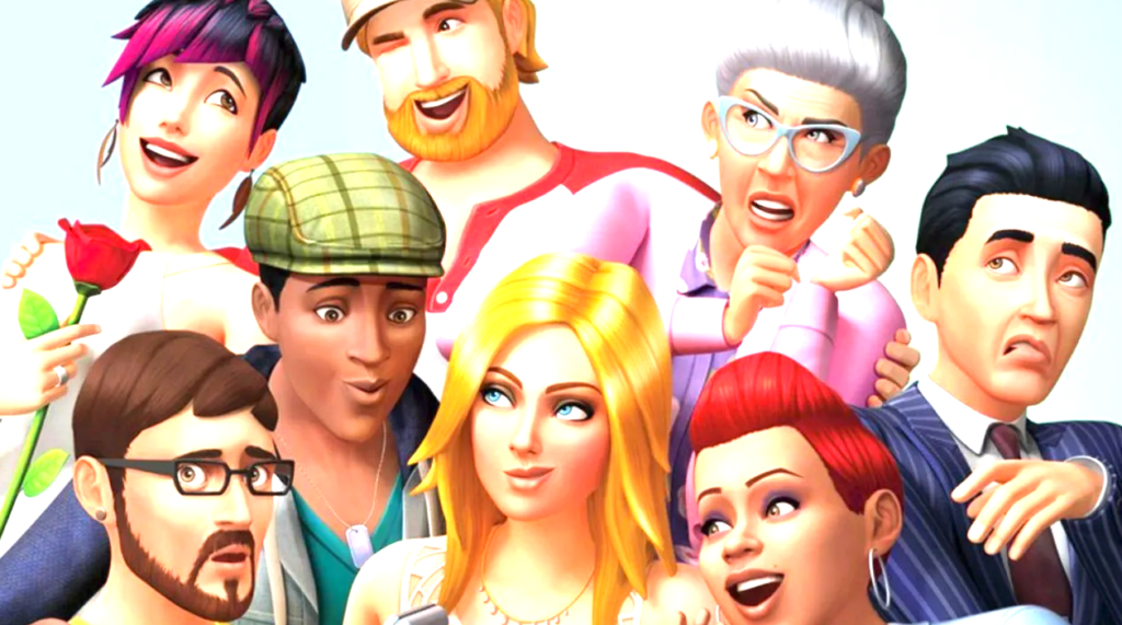Ilustração oficial do jogo The Sims 4 exibindo um grupo diverso de personagens com diferentes estilos e expressões faciais, simbolizando a liberdade de criação e simulação de vida.