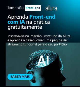 Banner da Imersão Front-end com IA da Alura convidando para aprender front-end com inteligência artificial gratuitamente. A proposta é desenvolver na prática uma página de streaming funcional para portfólio, com botão “Saber mais”. Curso online voltado para quem quer iniciar ou evoluir na carreira em desenvolvimento front-end com IA.