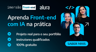 Banner da Imersão Front-end com IA da Alura convidando para aprender front-end com inteligência artificial gratuitamente. A proposta é desenvolver na prática uma página de streaming funcional para portfólio, com botão “Saber mais”. Curso online voltado para quem quer iniciar ou evoluir na carreira em desenvolvimento front-end com IA.