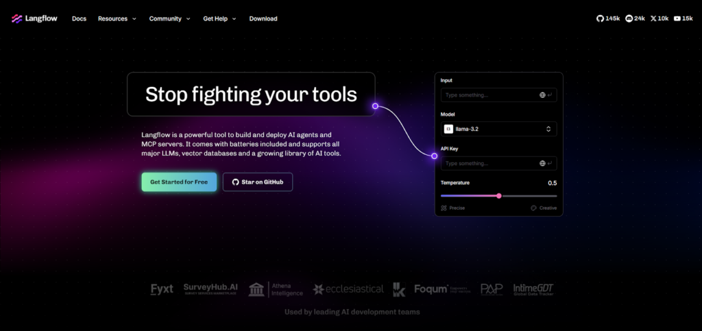 Screenshot da página inicial do Langflow mostrando interface para criação de agentes de IA, integração com modelos LLM como Llama 3.2, campo para API Key e controle de temperatura, com destaque para a proposta de construir e implantar AI agents e MCP servers.