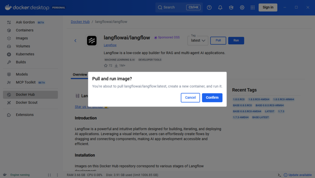 Captura de tela do Docker Desktop exibindo repositório langflowai/langflow no Docker Hub e modal para confirmar execução da imagem containerizada LangFlow, plataforma low-code para criar aplicações de inteligência artificial com RAG e agentes.