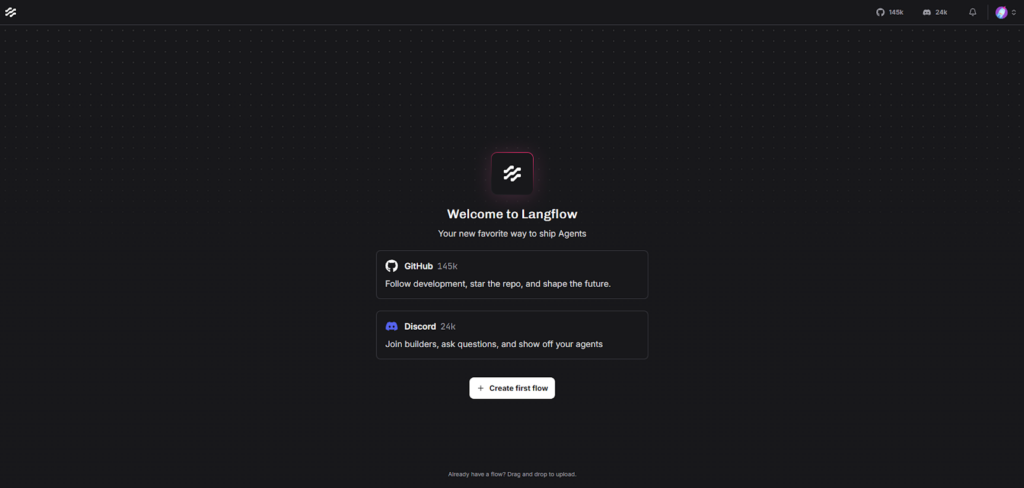 Tela inicial do LangFlow com interface escura, botão para criar primeiro fluxo de agentes, opções de comunidade no GitHub e Discord, destacando plataforma open-source para desenvolvimento de aplicações de inteligência artificial e automação com agentes.