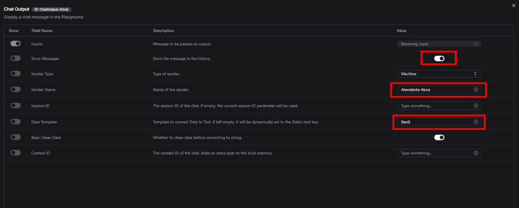 Interface do LangFlow exibindo configurações avançadas do bloco Chat Output, incluindo definição de nome do remetente, template de dados {text} e armazenamento de mensagens em fluxo de aplicação com modelo de linguagem.