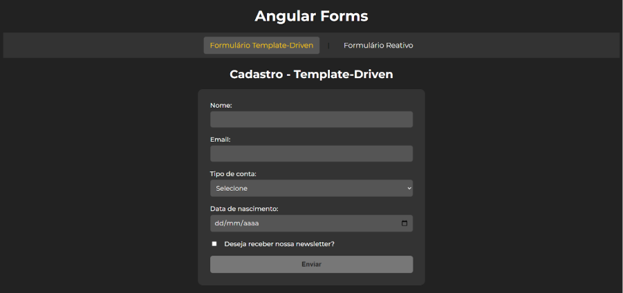 Imagem de um formulário web em Angular com o título "Cadastro - Template-Driven", exibindo campos de nome, email, tipo de conta, data de nascimento, checkbox para newsletter e botão "Enviar"