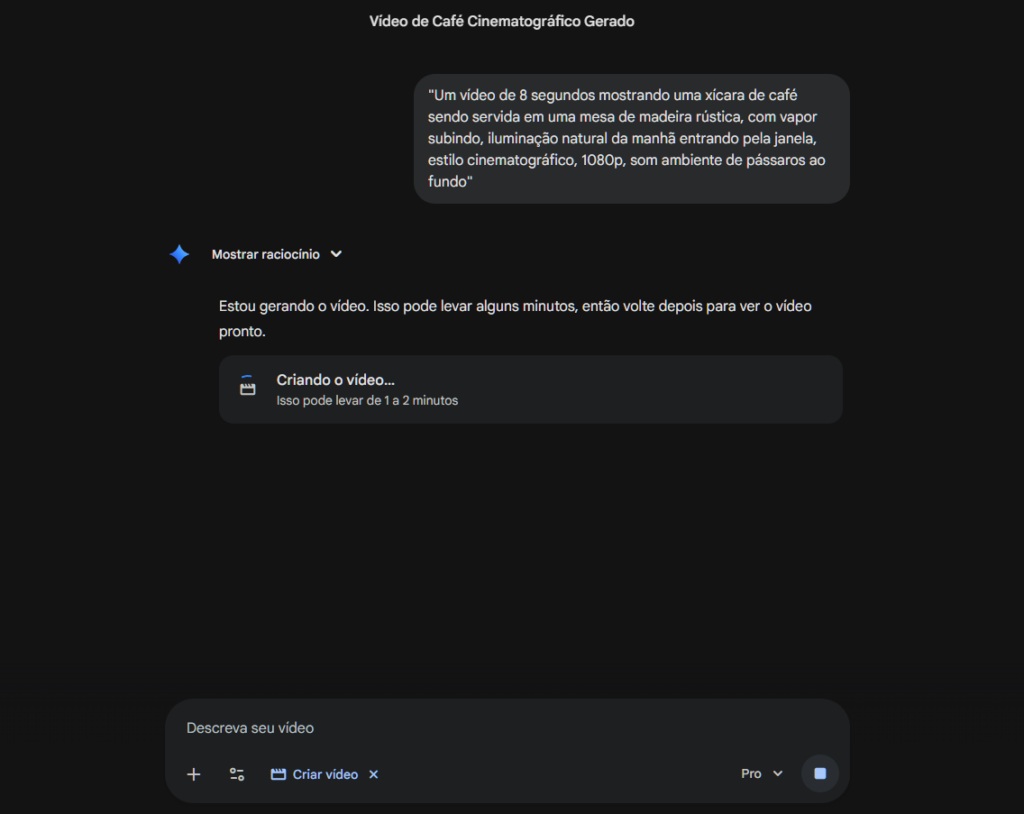 Imagem de um print de uma requisição de vídeo para o Gemini.