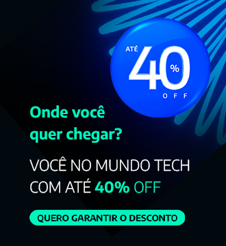 Banner promocional da Alura destacando oferta especial com até 40% de desconto em cursos de tecnologia. A mensagem convida a transformar a carreira na maior escola tech da América Latina, com botão “Aproveite” para acessar a promoção.