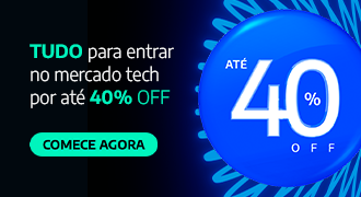 Banner promocional da Alura destacando oferta especial com até 40% de desconto em cursos de tecnologia. A mensagem convida a transformar a carreira na maior escola tech da América Latina, com botão “Aproveite” para acessar a promoção.