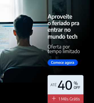 Banner da Alura com desenvolvedor programando no computador e convite para aproveitar o feriado para entrar no mundo da tecnologia. A oferta destaca até 40% de desconto em cursos online de programação, mais um mês grátis, com botão “Comece agora” para iniciar a carreira tech.
