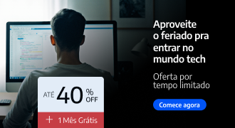 Banner da Alura com desenvolvedor programando no computador e convite para aproveitar o feriado para entrar no mundo da tecnologia. A oferta destaca até 40% de desconto em cursos online de programação, mais um mês grátis, com botão “Comece agora” para iniciar a carreira tech.