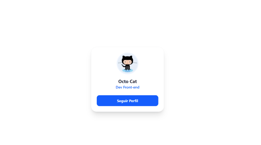 Cartão de perfil centralizado com avatar do Octocat, nome “Octo Cat” e descrição “Dev Front-end”. Na parte inferior, um botão azul “Seguir Perfil” apresenta uma animação suave ao interagir, destacando-se visualmente (com leve mudança de tonalidade) para indicar ação de hover