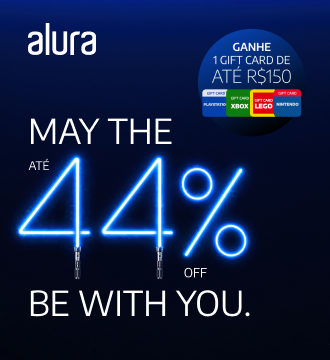 Banner promocional da Alura com tema “May the 4th”, destacando até 44% de desconto em cursos de tecnologia e programação. A oferta inclui um gift card de até 150 reais para plataformas como Xbox, PlayStation, Uber e Netflix, incentivando a começar a estudar e evoluir na carreira tech com desconto.