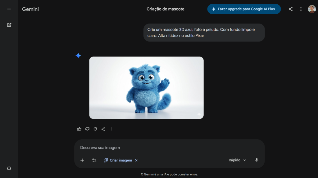 Mascote 3D azul fofo e peludo em estilo Pixar, gerado por IA no Gemini, com fundo branco limpo e alta nitidez.