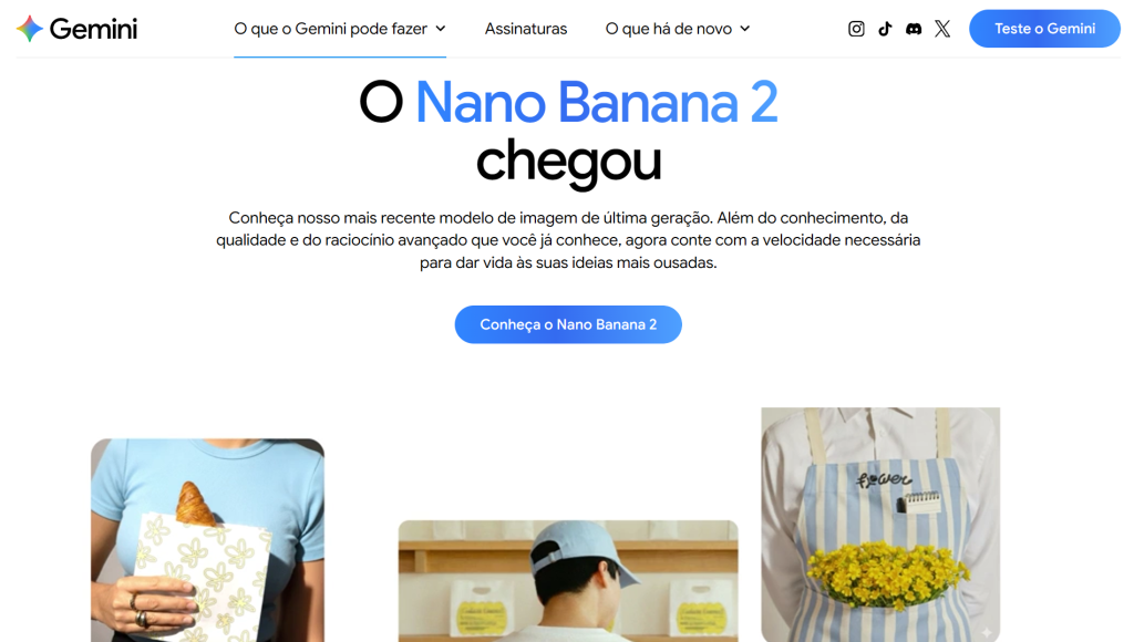 Página promocional do Nano Banana 2 no site Gemini, destacando novo modelo de geração de imagens com qualidade, raciocínio avançado e velocidade