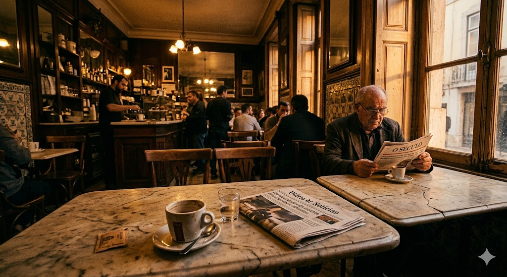 Interior de café vintage europeu com mesas de mármore, jornais tradicionais e clientes conversando, capturando atmosfera cultural e acolhedora.