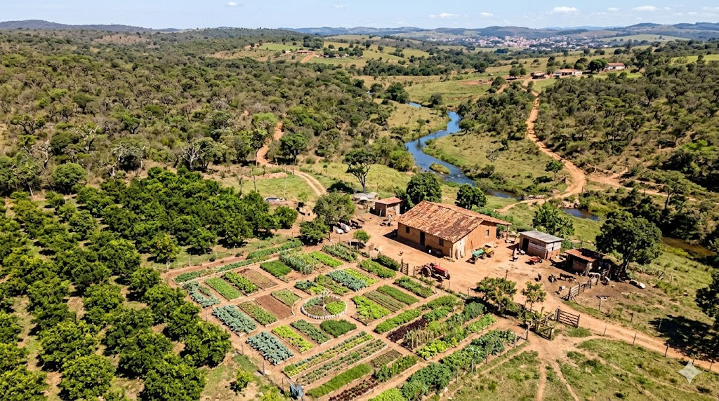 Vista aérea de fazenda rural sustentável com plantações organizadas, casa com telhado vermelho e rio sinuoso em paisagem verde.