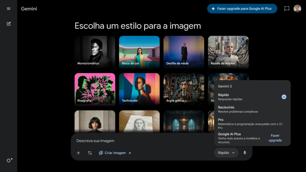 Interface do Google Gemini mostrando opções de estilos visuais para criação de imagem, incluindo monocromático, technicolor, risografia e mais.