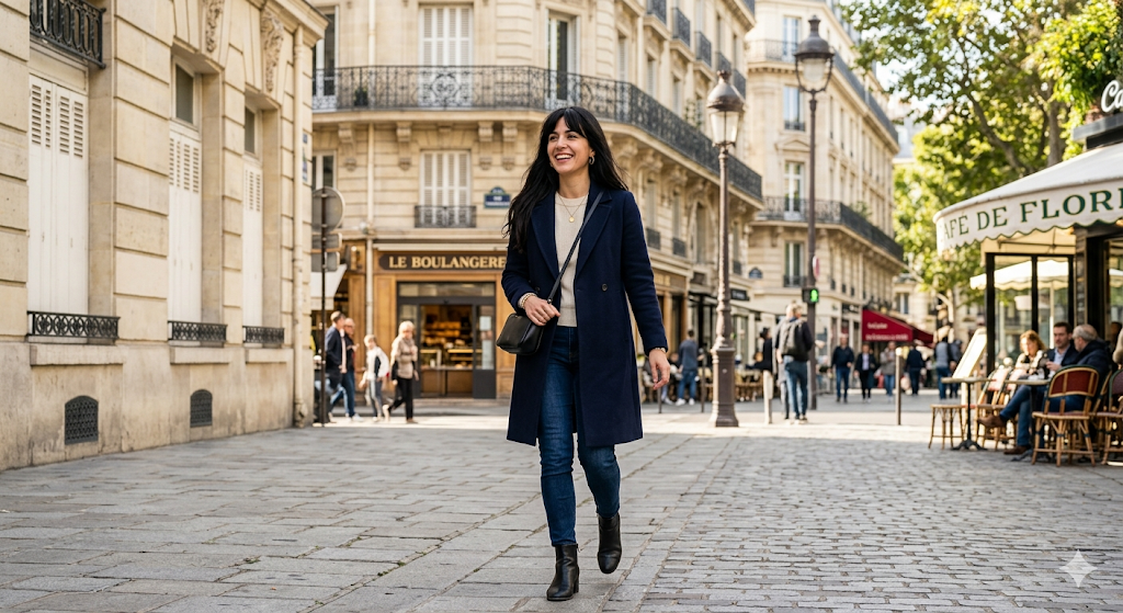 Pessoa caminhando em rua de paralelepípedos em Paris com arquitetura clássica, cafés e padarias, retratando cotidiano urbano europeu.