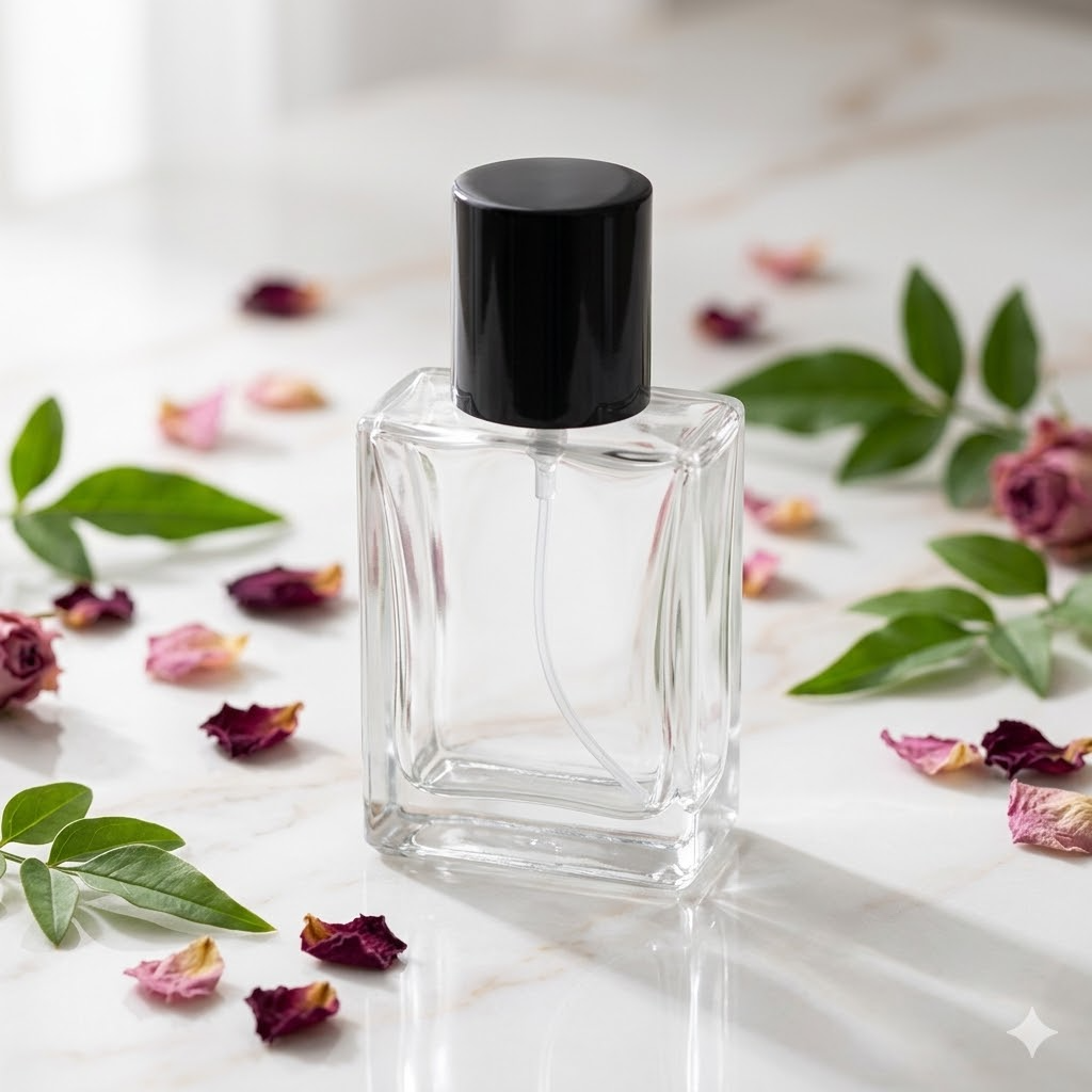 Frasco de perfume de vidro transparente sobre mármore com pétalas de rosa secas ao redor, evocando luxo, beleza e elegância natural.