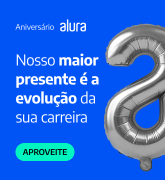 Banner de aniversário da Alura com mensagem sobre evolução de carreira em tecnologia. A imagem destaca a oportunidade de estudar e crescer profissionalmente com cursos online, com botão “Aproveite” para acessar a plataforma e desenvolver habilidades tech.