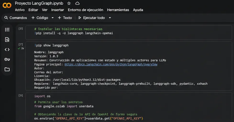 Captura de pantalla de Google Colab con notebook instalando el paquete LangGraph para Python, mostrando versión 1.0.3 y dependencias para desarrollo de aplicaciones con LLMs.