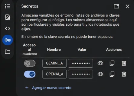 Panel de configuración de secretos en Google Colab mostrando variables de entorno como 'OPENAI_A' y 'GEMINI_A', usadas para almacenar llaves de API de forma segura en proyectos de inteligencia artificial.