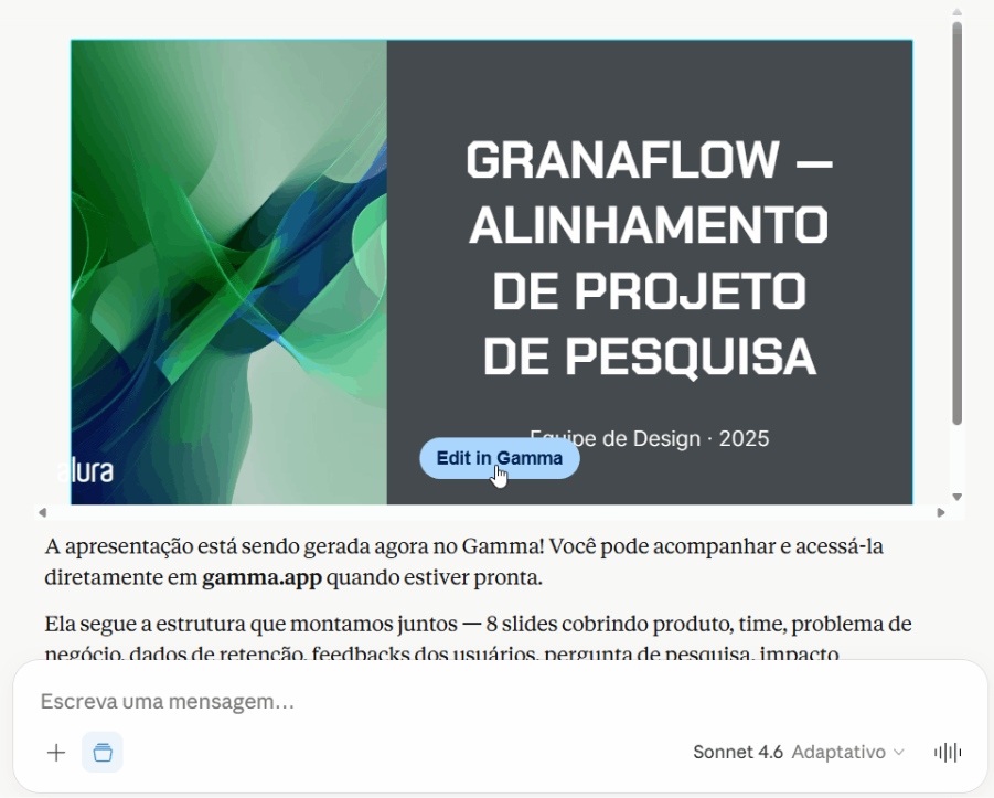 Prévia de uma apresentação sobre alinhamento de projeto de pesquisa no Gamma, gerada por IA, com o botão de edição sendo selecionado pelo cursor.