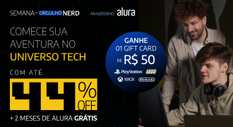 Banner da Alura para a Semana do Orgulho Nerd anunciando até 44% de desconto em cursos de tecnologia, mais dois meses grátis. A imagem convida a começar a jornada no universo tech e destaca um bônus de gift card de 50 reais para plataformas como PlayStation, Xbox e Nintendo, incentivando a estudar programação e desenvolver carreira em tecnologia.