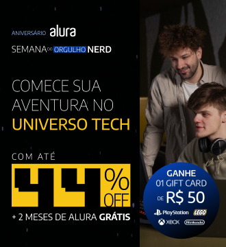 Banner da Alura para a Semana do Orgulho Nerd anunciando até 44% de desconto em cursos de tecnologia, mais dois meses grátis. A imagem convida a começar a jornada no universo tech e destaca um bônus de gift card de 50 reais para plataformas como PlayStation, Xbox e Nintendo, incentivando a estudar programação e desenvolver carreira em tecnologia.