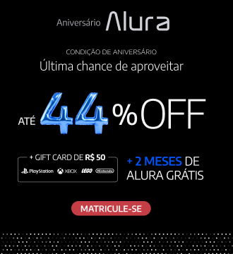 Banner de aniversário da Alura destacando os últimos dias da promoção, com chamada para aproveitar a oportunidade de estudar tecnologia. A mensagem incentiva a não perder o momento para evoluir na carreira tech, com botão “Aproveitar” para acessar os cursos online da Alura.
