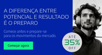 Banner promocional da Alura destacando até 35% de desconto em cursos de tecnologia. A mensagem reforça que a diferença entre potencial e resultado está no preparo, incentivando profissionais a se anteciparem às mudanças do mercado e investirem no desenvolvimento de novas habilidades. A imagem mostra uma pessoa usando fones de ouvido e há um botão com a chamada 