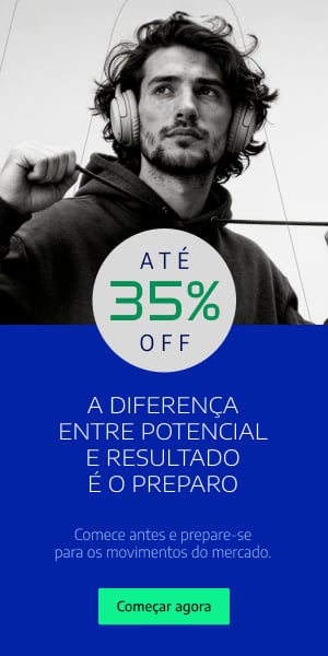 Banner promocional da Alura destacando até 35% de desconto em cursos de tecnologia. A mensagem reforça que a diferença entre potencial e resultado está no preparo, incentivando profissionais a se anteciparem às mudanças do mercado e investirem no desenvolvimento de novas habilidades. A imagem mostra uma pessoa usando fones de ouvido e há um botão com a chamada 