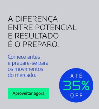 Banner promocional da Alura destacando até 35% de desconto em cursos de tecnologia. A mensagem reforça que a diferença entre potencial e resultado está no preparo, incentivando profissionais a se anteciparem às mudanças do mercado e investirem no desenvolvimento de novas habilidades. A imagem mostra uma pessoa usando fones de ouvido e há um botão com a chamada "Aproveitar agora" para começar a evoluir na carreira tech.