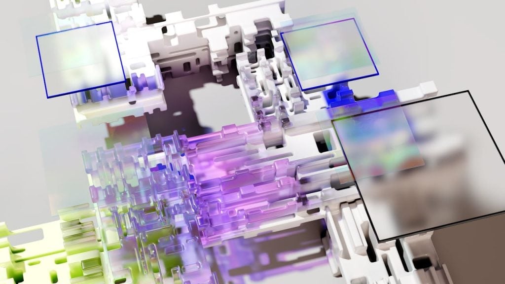 Arte digital tridimensional em perspectiva aérea, mostrando uma estrutura complexa de blocos brancos conectados com detalhes transparentes em tons de roxo, azul e verde, simulando circuitos ou componentes de tecnologia de IA.