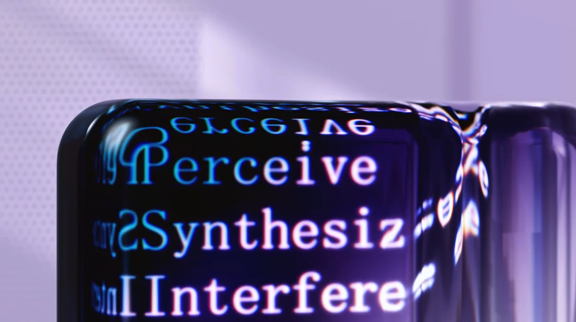 Close-up de um objeto tecnológico com superfície preta e brilhante, exibindo palavras em inglês iluminadas em azul e branco, como