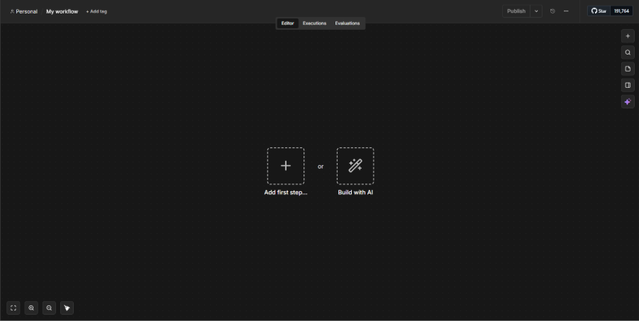 Tela inicial de edição de workflow no n8n, com opções para adicionar o primeiro passo ou construir com IA.