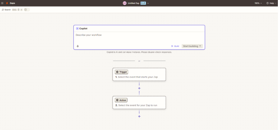 Tela de criação de um Zap no Zapier, com campo do Copilot para descrever o workflow e etapas iniciais de Trigger e Action.
