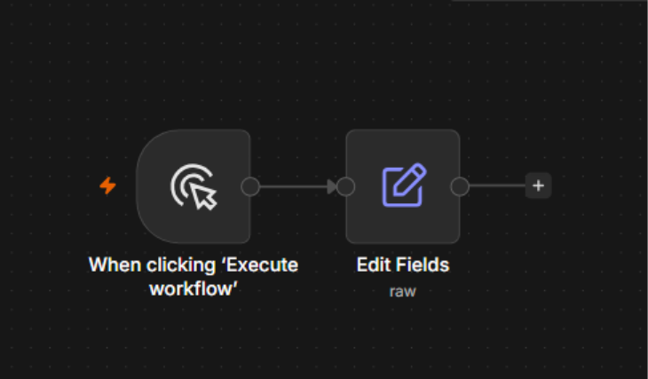 Workflow inicial do n8n com um gatilho manual 'When clicking Execute workflow' conectado ao nó 'Edit Fields', utilizado para definir ou editar os dados que serão processados nas próximas etapas do fluxo. 