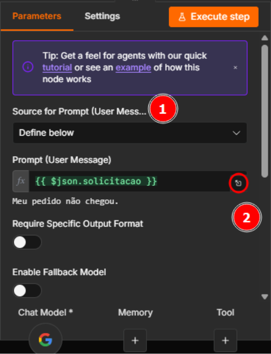 Tela de configuração do nó AI Agent no n8n, destacando o campo Prompt (User Message) preenchido com uma variável dinâmica e a opção para definir a origem da mensagem enviada ao agente de IA. 