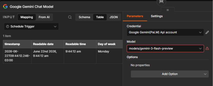 Tela de configuração do nó Google Gemini Chat Model no n8n, exibindo a credencial da API do Google Gemini e o modelo de linguagem selecionado para ser utilizado pelo AI Agent. 