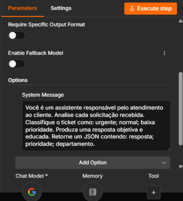 Tela de configuração do nó AI Agent no n8n, exibindo a opção System Message preenchida com as instruções que definem o comportamento do agente, incluindo o contexto, as regras de classificação das solicitações e o formato esperado da resposta em JSON. 