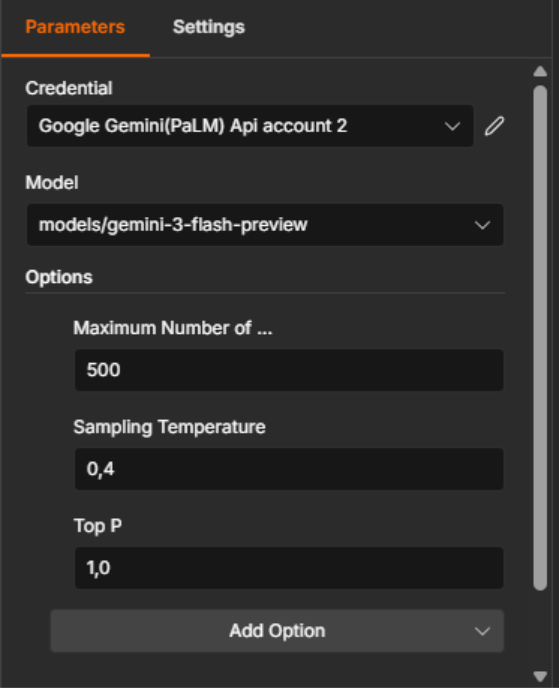 Tela de configuração do nó Google Gemini Chat Model no n8n, exibindo o modelo de linguagem selecionado e os parâmetros avançados de geração, como número máximo de tokens, temperatura e Top P, utilizados para controlar o comportamento das respostas do modelo. 