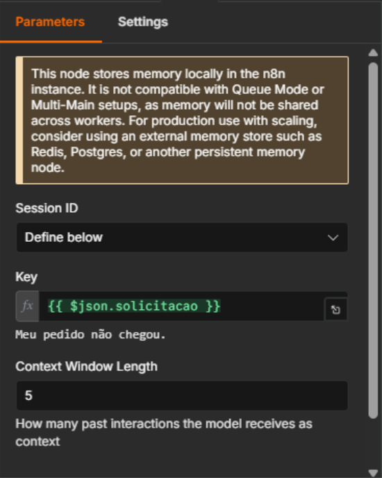 Painel de parâmetros do nó de memória no n8n, exibindo as configurações de Session ID, a definição da chave (Key) baseada em um dado de entrada e o tamanho da janela de contexto para as interações do modelo de IA. 