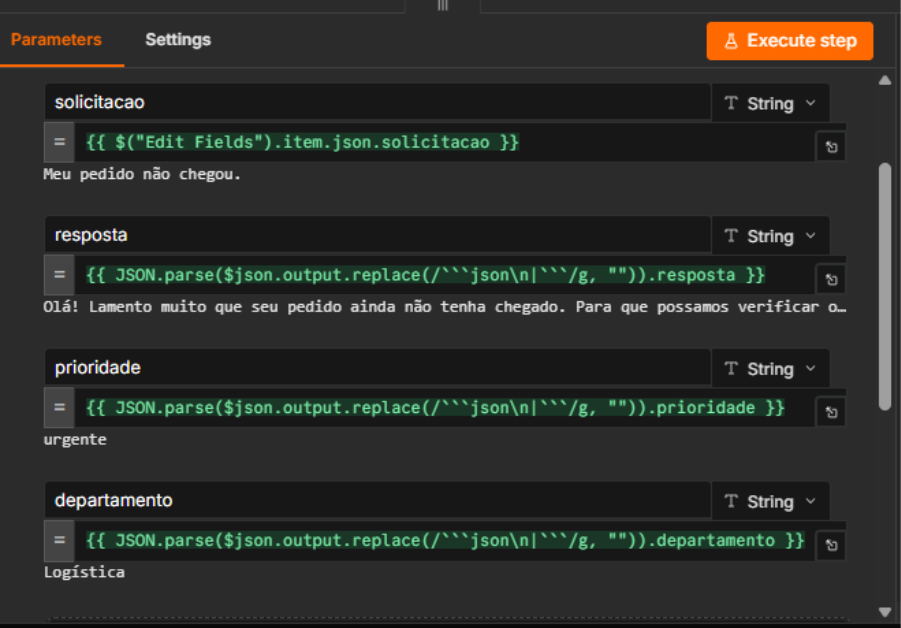Painel de parâmetros do nó 'Edit Fields' no n8n, demonstrando a extração e mapeamento de dados via expressões JavaScript, incluindo campos para solicitação, resposta, prioridade e departamento. 